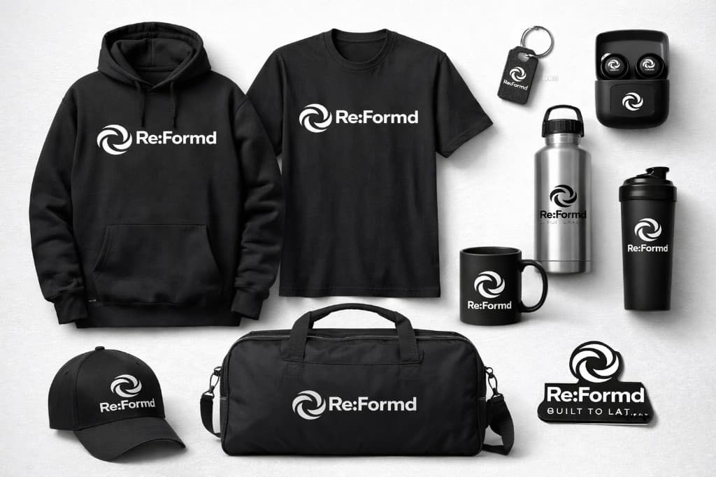 Re:Formd merchandise flat lay: black hoodie, t-shirt, cap, duffel, mug, bottles, earbuds case, and accessories on a light surface